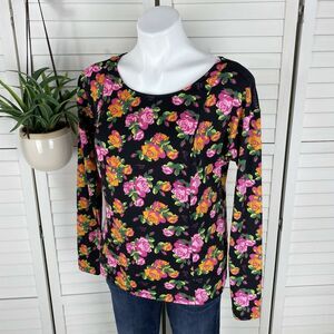 Betsey Johnson Floral Roses Stretch Paneled Top Mesh Shoulder Inset Shirt Size M